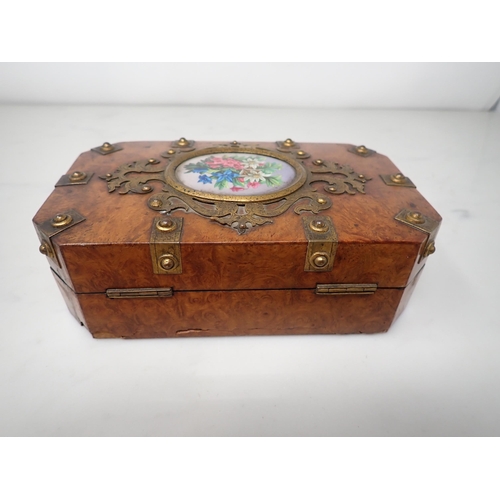 353 - A Victorian burr walnut Manicure Case with gilt-metal mounts and inset floral painted oval panel, 7 ... 