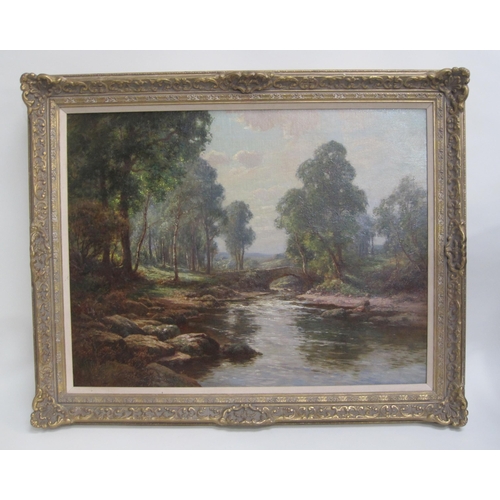 376 - S.W.G. (?). A tranquil river landscape, indistinctly signed, oil on canvas, 22 x 28in