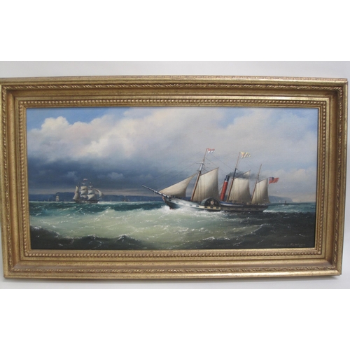 383 - MICHAEL MATTHEWS (b.1933). Sail and Steam, signed, oil on canvas, 14 x 28in