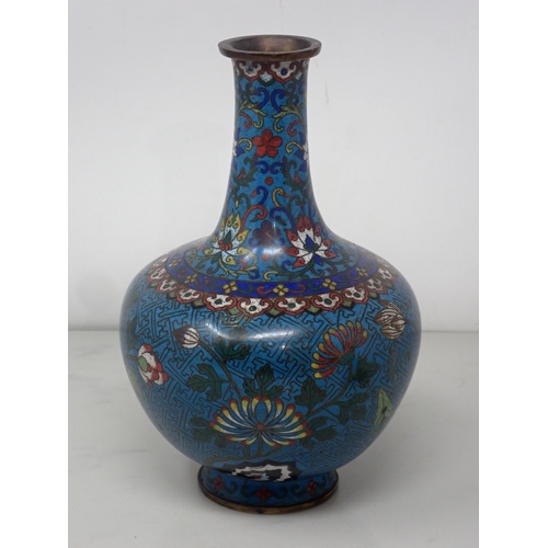 393 - A 19th Century Chinese cloisonné blue ground Vase with floral design 9in H, a cloisonné Bowl with dr... 