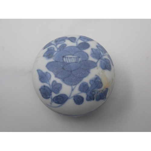 403 - A semi-spherical Pill Box and Cover decorated landscape and flowers in blue and white, c.1690, 1½in ... 