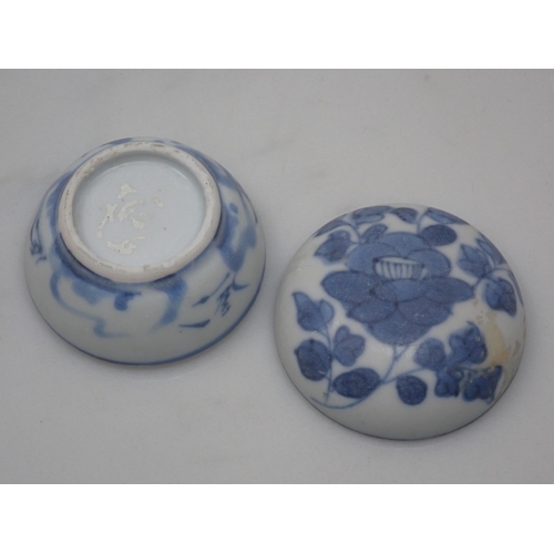 403 - A semi-spherical Pill Box and Cover decorated landscape and flowers in blue and white, c.1690, 1½in ... 