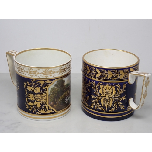 424 - A pair of 19th Century Derby large Mugs with painted scenes of 'River in Perthshire' and 'In Derbysh... 