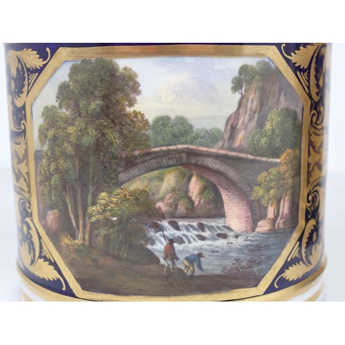 424 - A pair of 19th Century Derby large Mugs with painted scenes of 'River in Perthshire' and 'In Derbysh... 