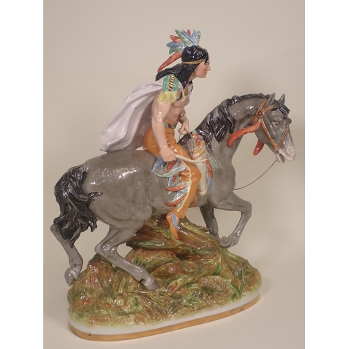 425 - A Lippelsdorf GDR porcelain Figure of a Native American on Horseback 1ft 8 1/2in H