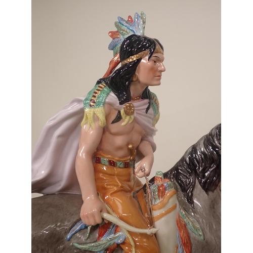 425 - A Lippelsdorf GDR porcelain Figure of a Native American on Horseback 1ft 8 1/2in H