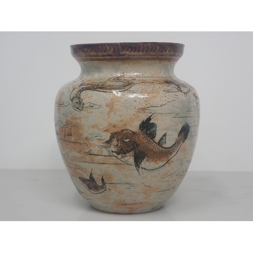 429 - A late 19th Century Martin Brothers pottery Aquatic Vase, incised and painted grotesque fish and eel... 