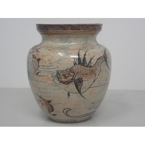 429 - A late 19th Century Martin Brothers pottery Aquatic Vase, incised and painted grotesque fish and eel... 