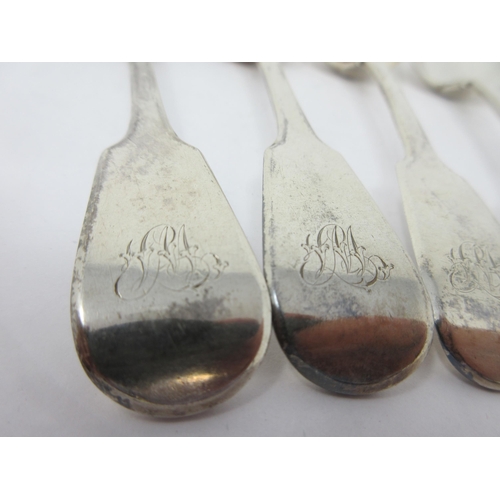 43 - Six George IV silver Dessert Spoons fiddle pattern engraved initials, London 1825, maker: W.C., 240g... 