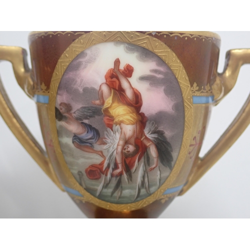 431 - A pair of Vienna small two handled pedestal Cups painted mythological scenes in oval panels and with... 