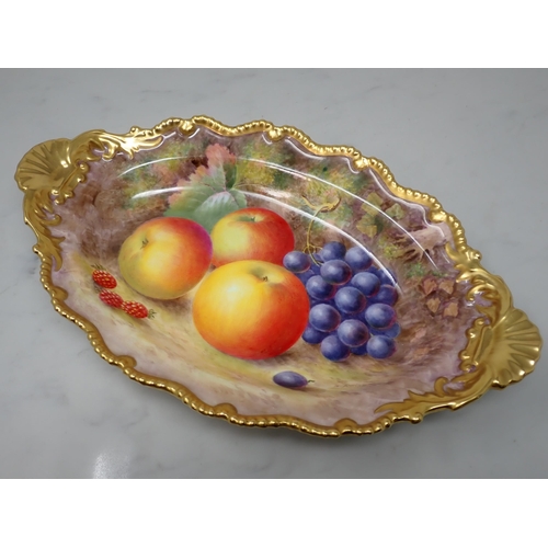 432 - A Royal Worcester oval shaped two handled Dish with shell moulding, painted still life of fruit, app... 