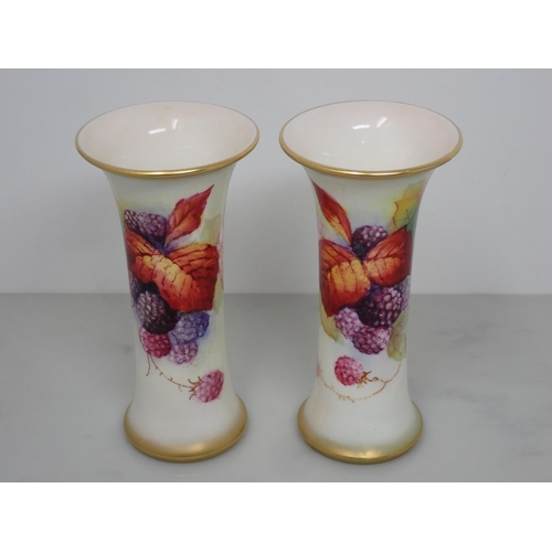 434 - A pair of Royal Worcester Vases of concave form, painted still life of fruit including blackberries,... 