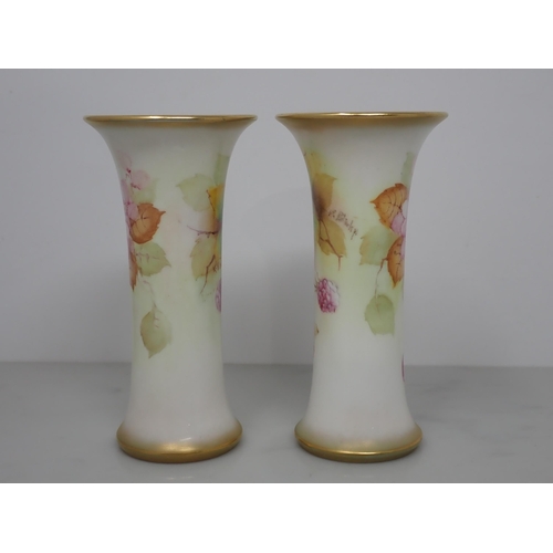 434 - A pair of Royal Worcester Vases of concave form, painted still life of fruit including blackberries,... 