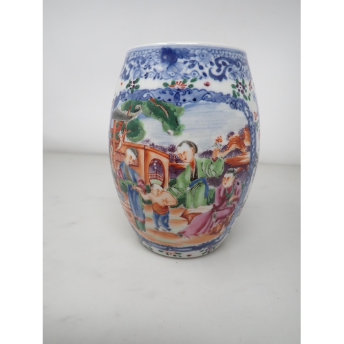 438 - A Chinese barrel shape Mug, painted figures in bright enamels within shaped reserve, floral surround... 