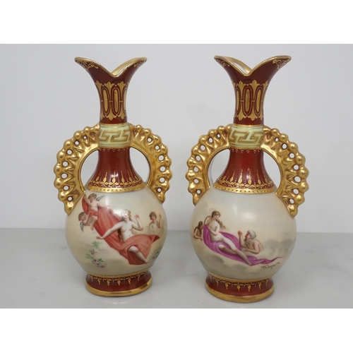 446 - A pair of Royal Vienna Cabinet Vases, signed Wagner, decorated with classical scenes on both sides, ... 