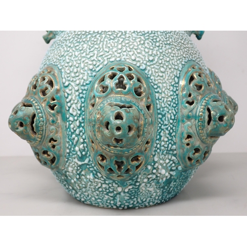 447 - A Hungarian Zsolnay-Pecs pottery Vase of reticulated bulbous form with gilt detail and green glaze, ... 