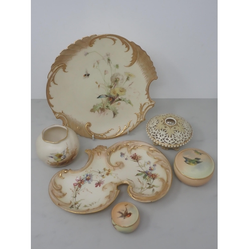 452 - A small collection of Royal Worcester items in blush ivory, including a circular shaped Dish, a scro... 