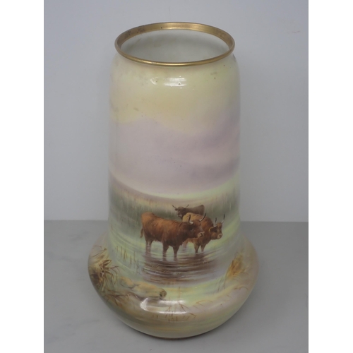 456 - A Royal Worcester Vase, signed H. Davis (Harry Davis), painted highland cattle stood in a stream, wi... 