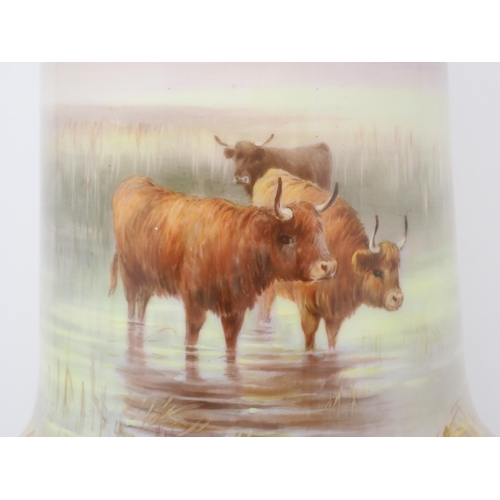 456 - A Royal Worcester Vase, signed H. Davis (Harry Davis), painted highland cattle stood in a stream, wi... 