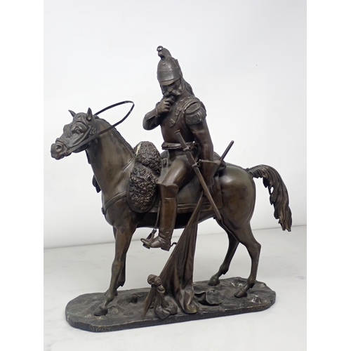 464 - In the manner of Alfred Barye; bronze Sculpture of a mounted Cavalry Officer in 19th Century dress 1... 