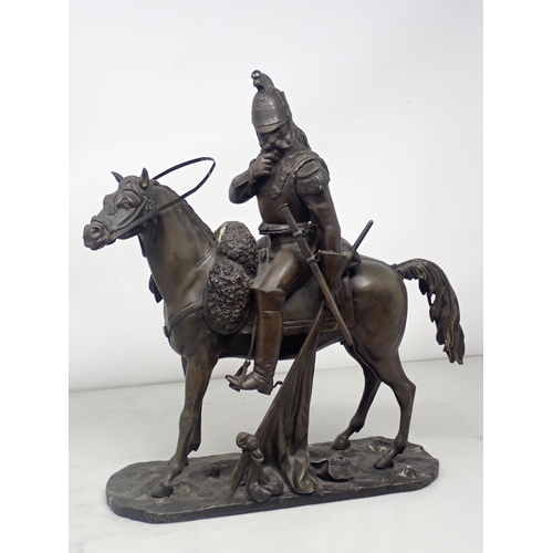 464 - In the manner of Alfred Barye; bronze Sculpture of a mounted Cavalry Officer in 19th Century dress 1... 