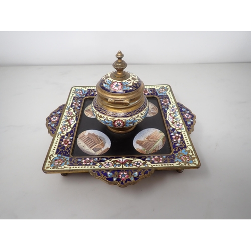 468 - A 19th Century enamel square Inkwell with four micro mosaic oval panels depicting classical building... 