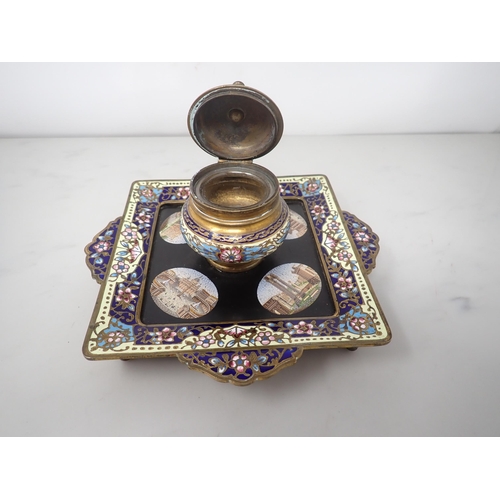 468 - A 19th Century enamel square Inkwell with four micro mosaic oval panels depicting classical building... 