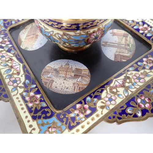 468 - A 19th Century enamel square Inkwell with four micro mosaic oval panels depicting classical building... 