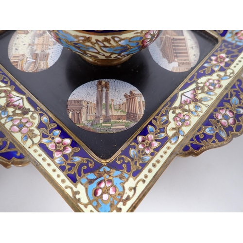 468 - A 19th Century enamel square Inkwell with four micro mosaic oval panels depicting classical building... 