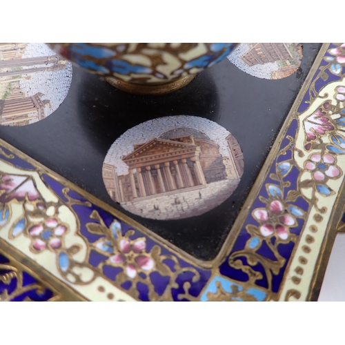 468 - A 19th Century enamel square Inkwell with four micro mosaic oval panels depicting classical building... 