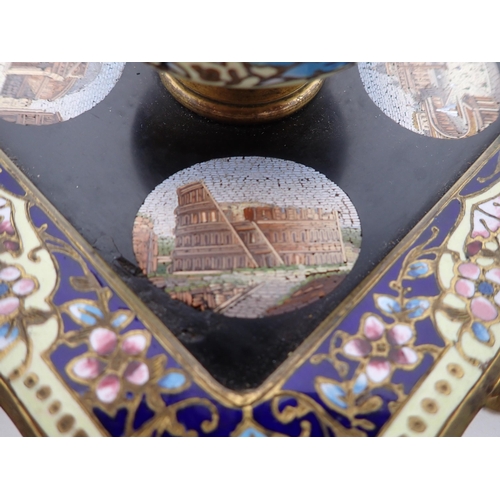 468 - A 19th Century enamel square Inkwell with four micro mosaic oval panels depicting classical building... 