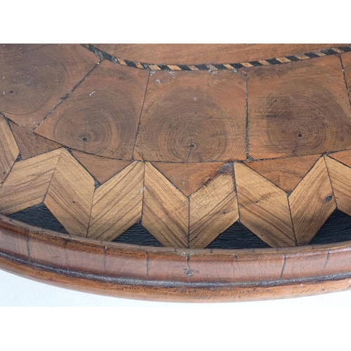 472 - A 19th Century parquetry oval Tray with penwork feather and armorial crest design 15in W, an antique... 