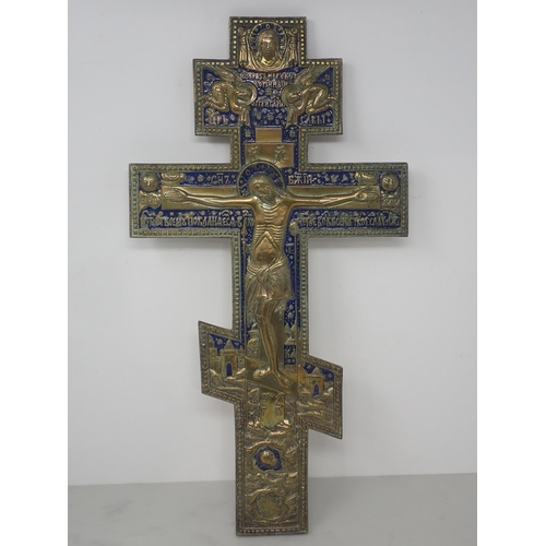 489 - A Greek/Russian? Cross depicting Christ with inscriptions and blue enamel detail, 15in H