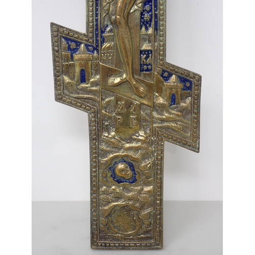 489 - A Greek/Russian? Cross depicting Christ with inscriptions and blue enamel detail, 15in H