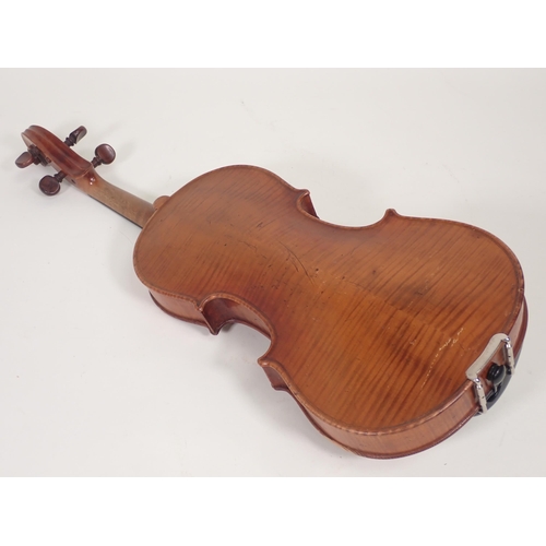 507 - A 7/8ths Violin labelled Antonio Stradivarious, Farrebar with two piece back with bow in case