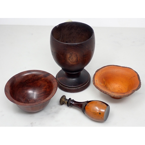 522 - A turned wood  Chalice Cup with pedestal base 4 1/2in H, an ebony handled Seal Stamp, a New Zealand ... 