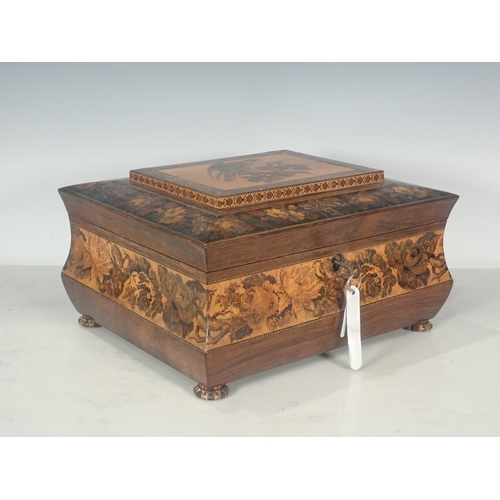 539 - A Tunbridge ware Sewing Box, the cover with a design of a peregrine falcon on a branch with floral b... 