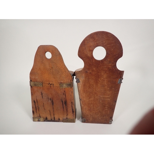 549 - Two 19th Century Scottish mixed wood Salt Boxes with shaped surmounts above hinged lids and tapering... 