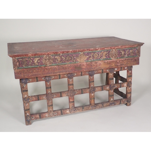 576 - A Chinese Scribe's Table with red lacquered and painted detail having two frieze drawers with slidin... 