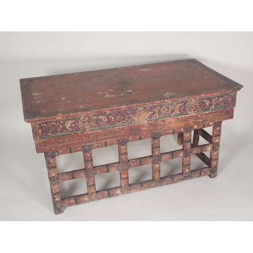 576 - A Chinese Scribe's Table with red lacquered and painted detail having two frieze drawers with slidin... 