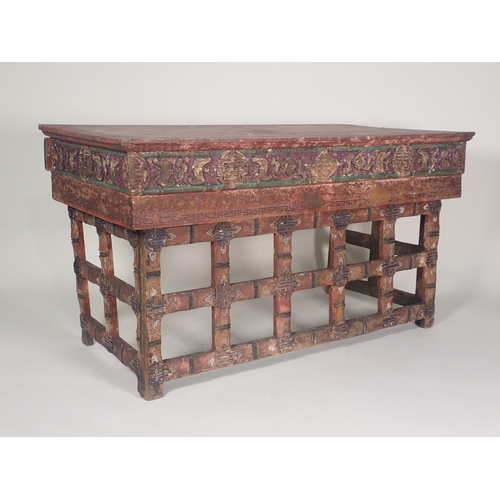 576 - A Chinese Scribe's Table with red lacquered and painted detail having two frieze drawers with slidin... 