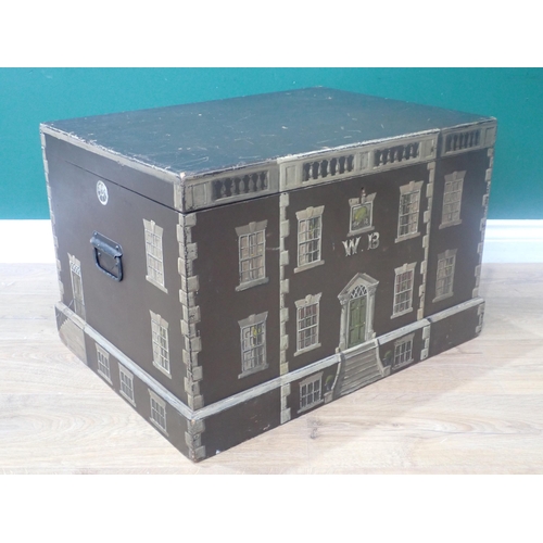 590 - A painted Box in the form of a Georgian house with hinged cover and carrying handles, 2ft W