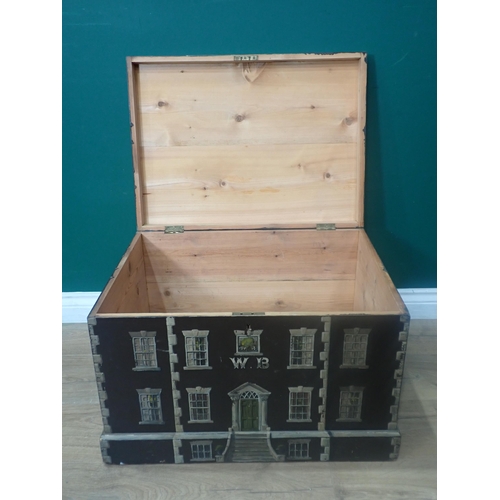 590 - A painted Box in the form of a Georgian house with hinged cover and carrying handles, 2ft W