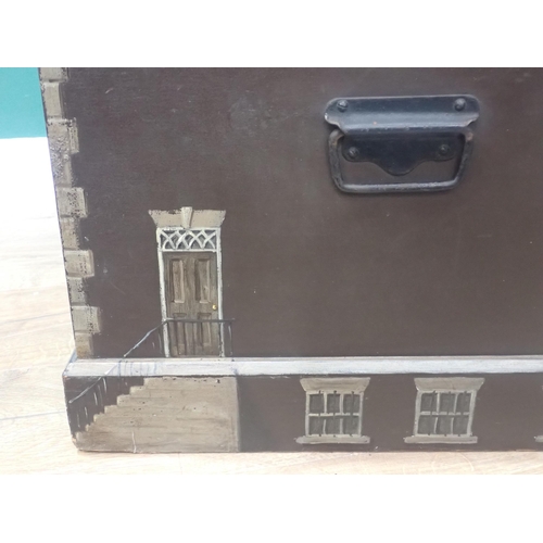 590 - A painted Box in the form of a Georgian house with hinged cover and carrying handles, 2ft W