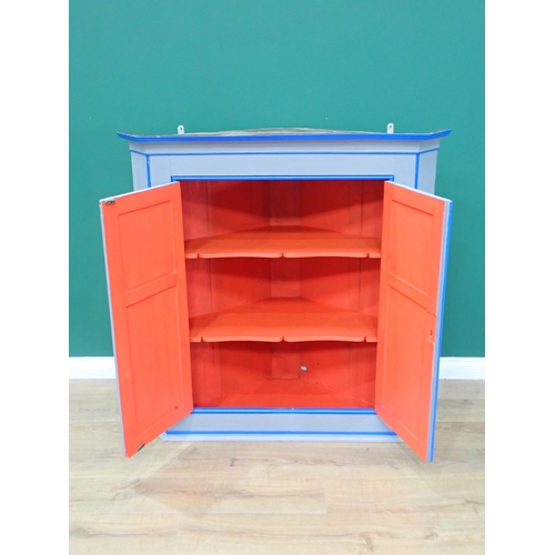 591 - A Georgian Corner Cupboard with later blue paint and red interior 3ft 9in W x 3ft 9in H