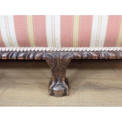 596 - A Georgian style camel back Sofa with red and gold striped upholstery mounted upon three claw and ba... 