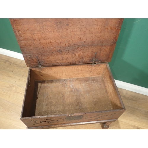 603 - An 18th Century oak Bible Box on Stand with hinged top, carved front on bobbin turned supports and s... 