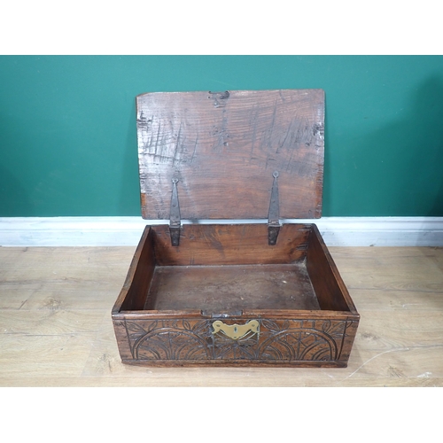 622 - A 17th Century oak Book Box, dated 1677, with lunette carved front 1ft 7in W x 6 1/2in H