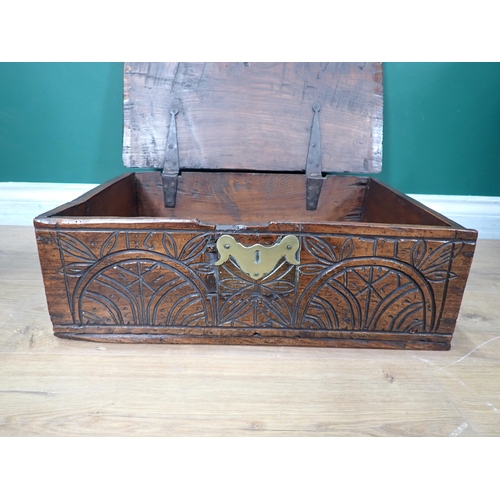 622 - A 17th Century oak Book Box, dated 1677, with lunette carved front 1ft 7in W x 6 1/2in H