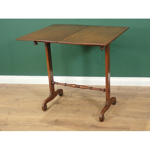 657 - An oak Card/Tea Table with rotating fold over top on cheval type base with turned stretcher 2ft 2in ... 